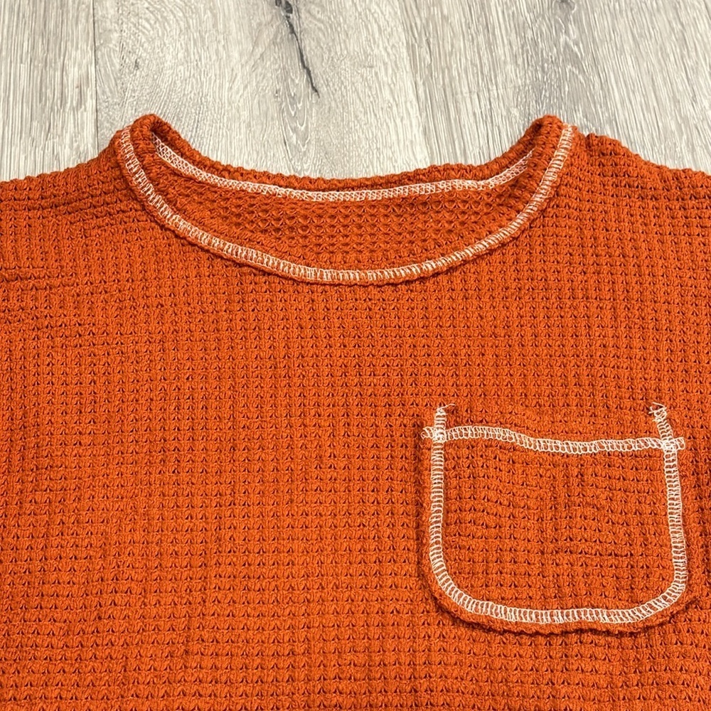 Women’s Long Sleeve Waffle Sweater Oversized Boho Knit Tunic Rust Orange Large - Picture 7 of 13
